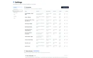 Settings dashboard in PengWing showing automated client schedules and AI brand voice configuration options.
