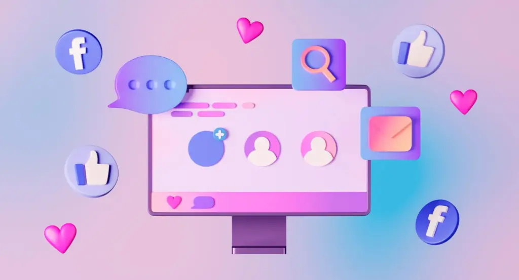 A 3D rendered computer monitor showing a user profile interface, surrounded by floating icons for Facebook, likes, hearts, and messages.