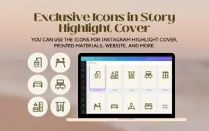 Editing dashboard titled "Exclusive Icons in Story Highlight Cover" of the Interior Design Instagram Templates