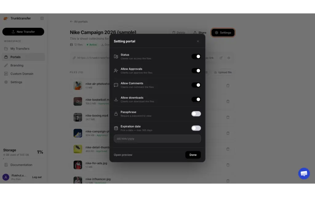 Manage global toggle switches for client approvals, comment capabilities, custom passphrases, and link expiration intervals.