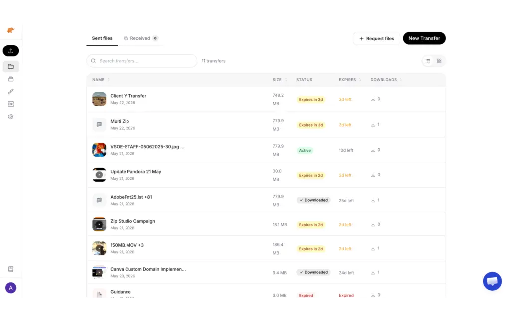Track your transfer status, expiration countdowns, and real-time download counts across all shared links.