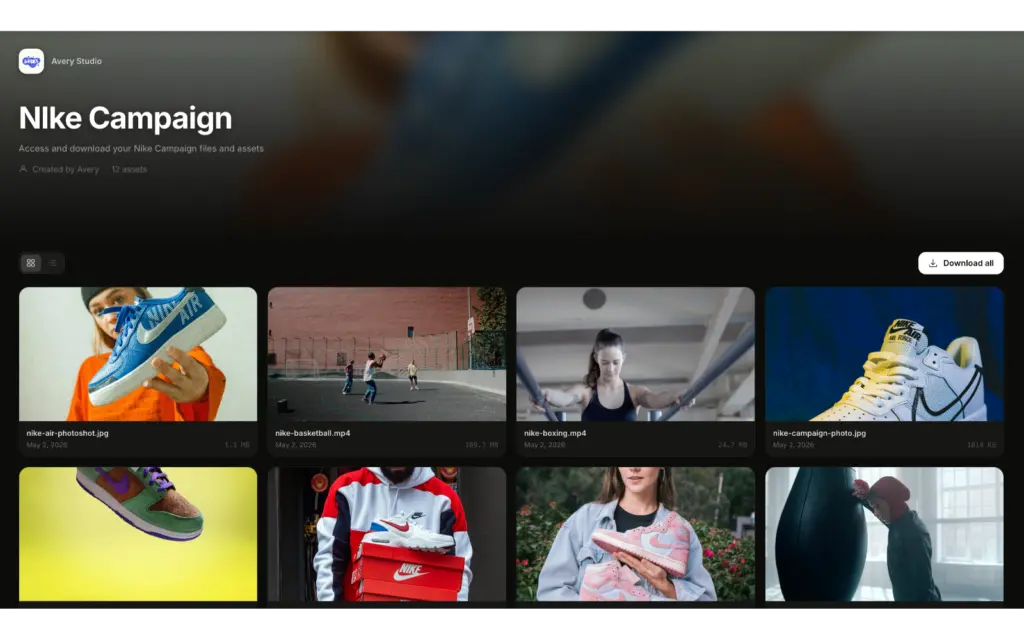 Public client asset gallery page on TrunkTransfer secure file sharing platform.