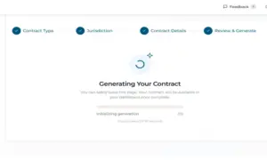 Lexflow AI contract generator loading animation interface showing initializing generation progress bar.