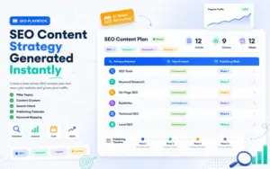 An AI-generated SEO content roadmap with keywords, content pillars, topic clusters, and publishing schedule.