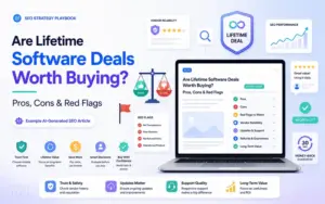 An AI-generated SEO article discussing the pros, cons, red flags, vendor reliability, and long-term value of lifetime software deals.