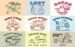 Vintage surfing illustrations with retro beach culture artwork.