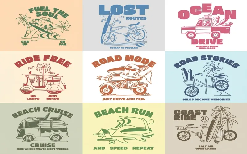 Ride the waves with vintage surfing illustrations.