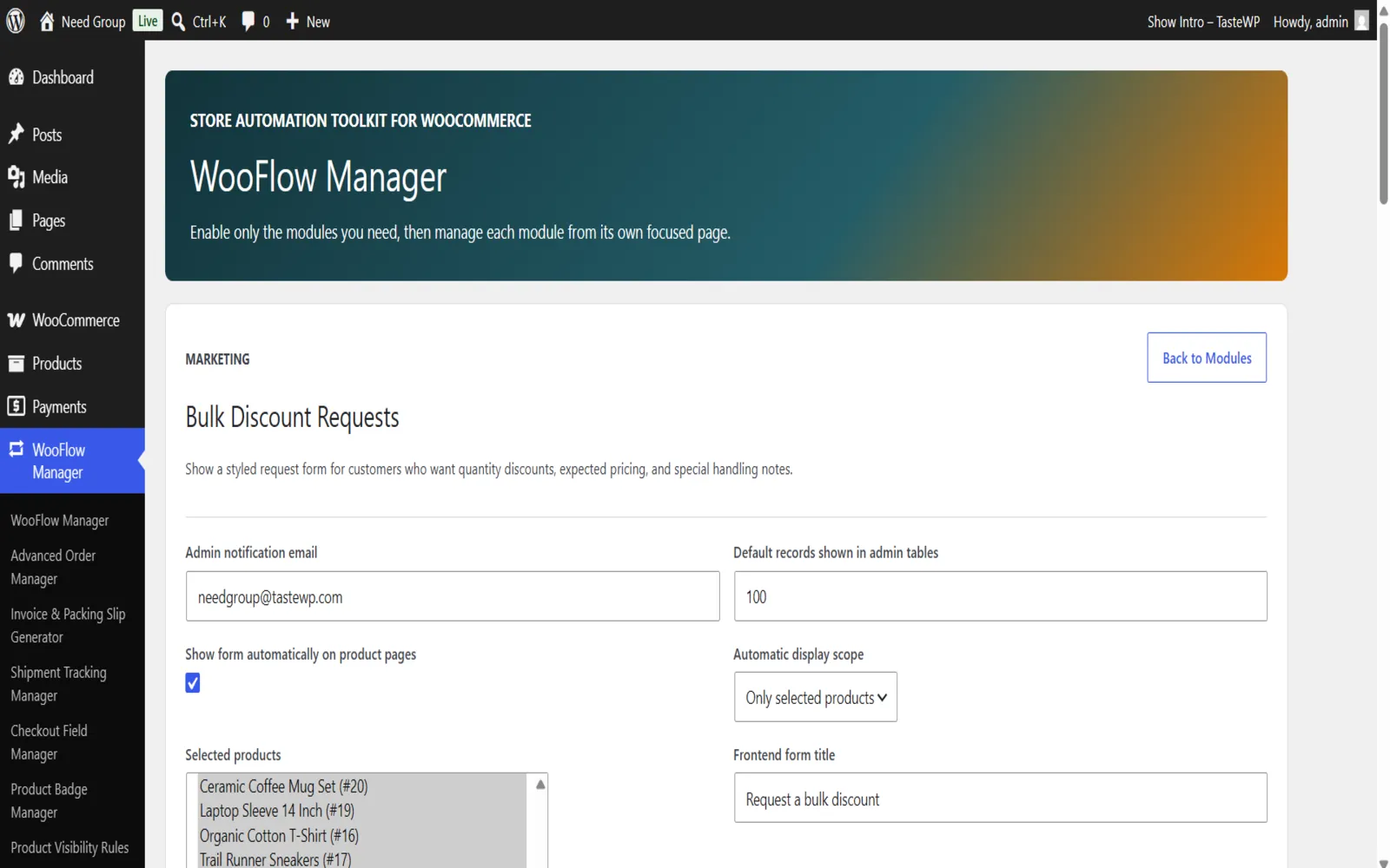 Bulk Discount Requests Settings