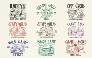 Vintage camping illustrations featuring outdoor adventure and campfire scenes.