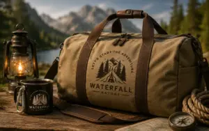 Olive canvas duffel bag and lantern displaying Free Outdoor Logo Designs.