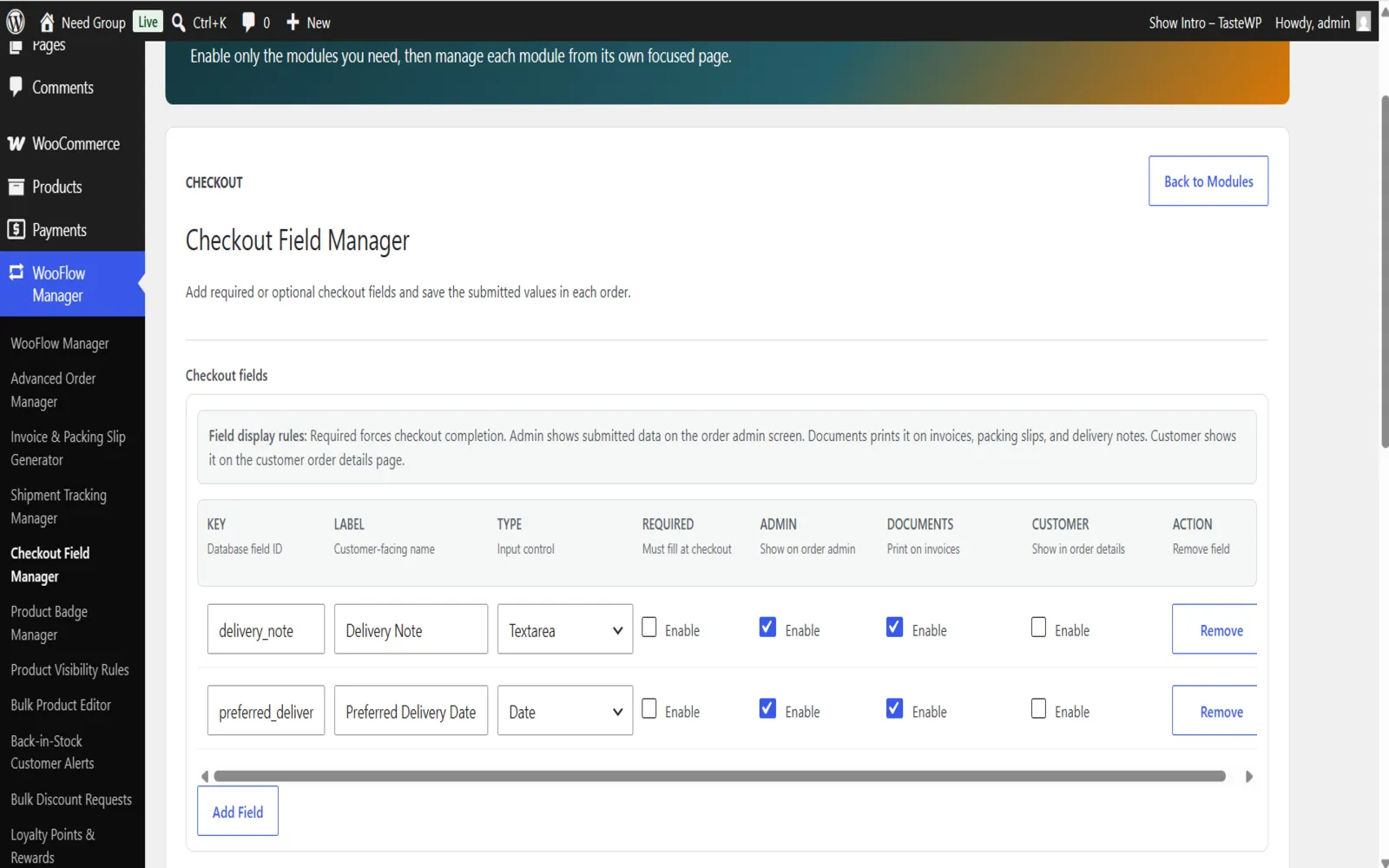 Custom Checkout Field Manager