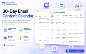 Preview of a 30-day email content calendar blueprint with newsletter topics, email types, goals, and CTAs.