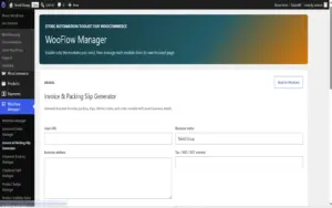 Packing slip and invoice setup page in the WooFlow Manager WooCommerce Automation Plugin.