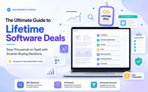 An AI-generated SEO article featuring a guide to lifetime software deals with SaaS illustrations, SEO graphics, and a modern blog layout.