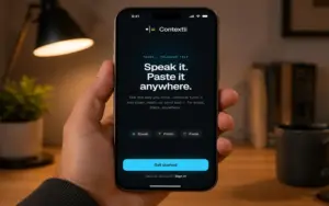 Dark mode welcome screen displayed on mobile device in Contextli Speech to Text App.