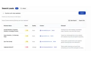 NexalLabs AI lead finder dashboard showing searched leads, lead scores, contact details, and outreach suggestions.