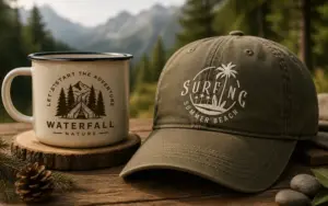 Green baseball cap and enamel camping mug featuring Free Outdoor Logo Designs.