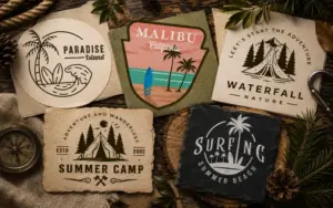 Assorted coaster and paper badges showcasing Free Outdoor Logo Designs.