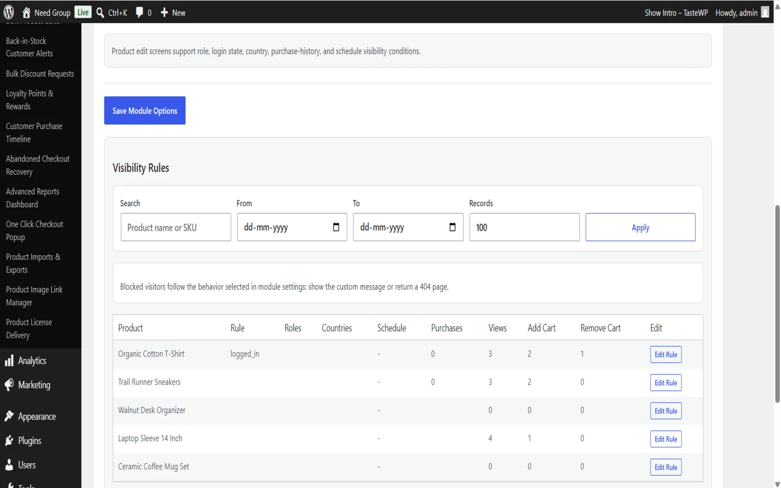 Product Visibility Rules Configuration