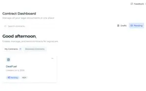 Centralized Lexflow AI legal contract dashboard showing managed drafts and pending legal documents.