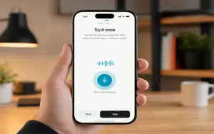 Mobile onboarding step showing voice recording prompt in Contextli Speech to Text App.
