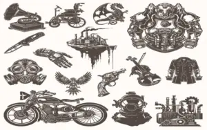 This is a diverse assortment of retro-futuristic icons from the Free Steampunk Vectors Bundle.