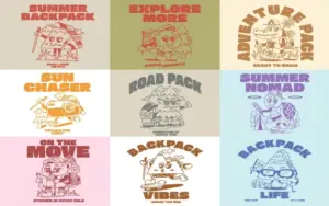 Hand-drawn backpacking and hiking-themed vintage illustrations.