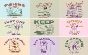 Hand-drawn vintage fishing illustrations for summer designs.