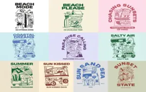 Tropical paradise illustrations in a vintage retro style.