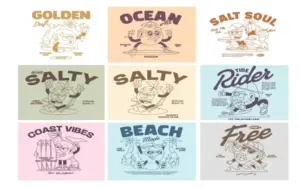 Vintage surfing illustrations with retro beach culture artwork.