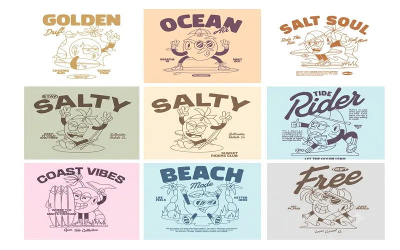 Ride the waves with vintage surfing illustrations.