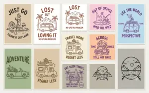Retro travel illustrations featuring classic summer road trips.