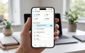Mobile screen displaying productivity statistics and active contexts in Contextli Speech to Text App.