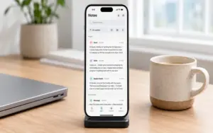 Mobile phone on stand showing transcribed notes in Contextli Speech to Text App.