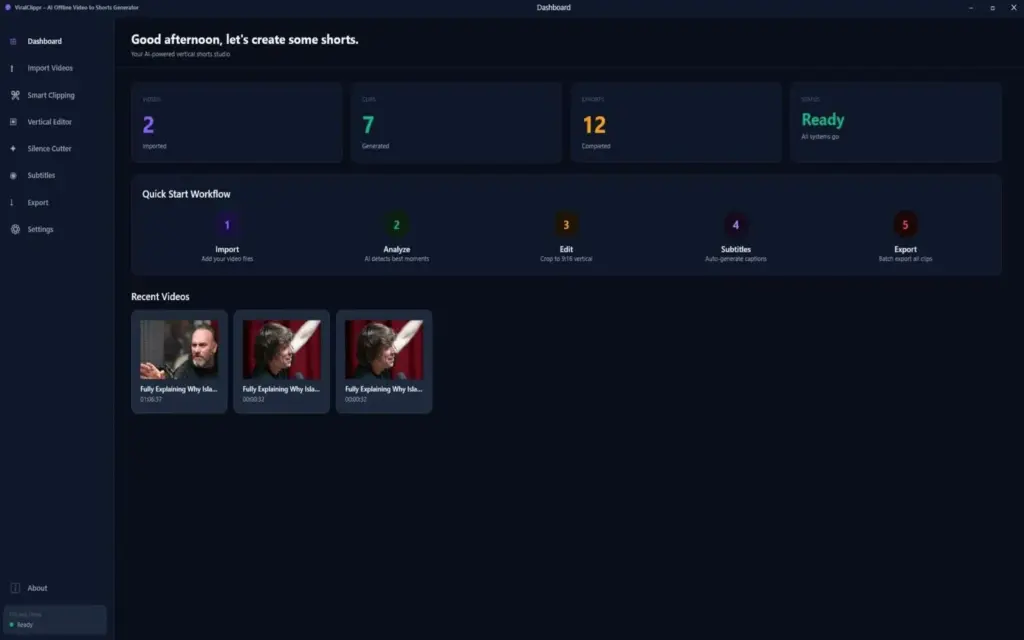 ViralClippr Offline AI Dashboard Overview