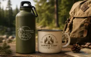 Green water canteen and camping mug with Free Outdoor Logo Designs.