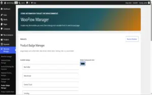 Product badge assignment dashboard in the WooFlow Manager WooCommerce Automation Plugin.