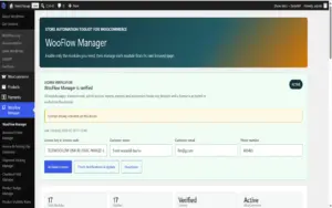 License verification dashboard layout in the WooFlow Manager WooCommerce Automation Plugin.