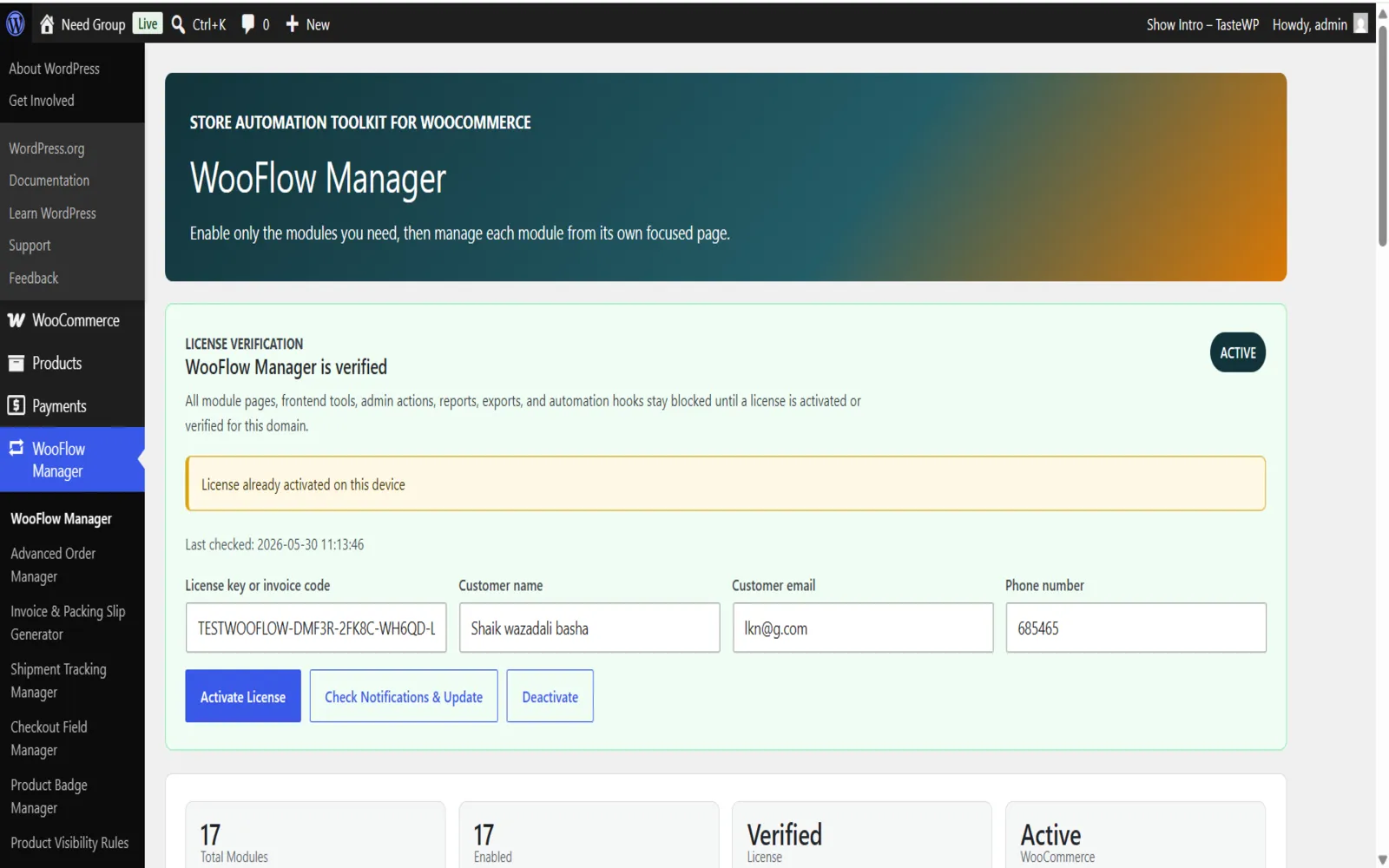 WooFlow Manager License Verification