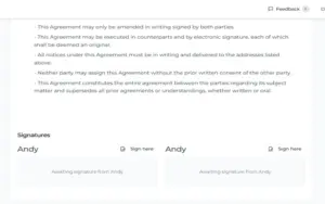 Lexflow AI digital signature portal showing fields awaiting electronic signature from parties.