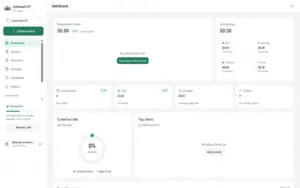 Lynkmanage dashboard displaying revenue, outstanding invoices, collection rate, recent invoices, and client overview.