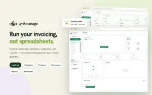 Lynkmanage dashboard showcasing online invoicing, estimates, products, customers, reports, and white-label features in a single workspace.