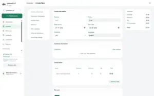 Lynkmanage invoice editor for creating invoices with customer details, invoice items, recurring billing, and payment tracking.