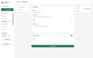 Lynkmanage product management screen for adding products, setting prices, descriptions, and tracking inventory.