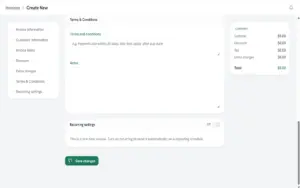 Lynkmanage invoice editor showing payment terms, invoice notes, and recurring billing settings for automated invoicing.