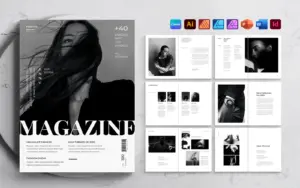 Cover page and inner page spreads of the free fashion magazine template.