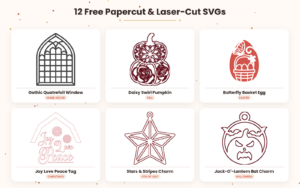 Gothic quatrefoil window, daisy pumpkin, butterfly egg, Joy Love Peace tag, patriotic star and jack-o-lantern charm cut files