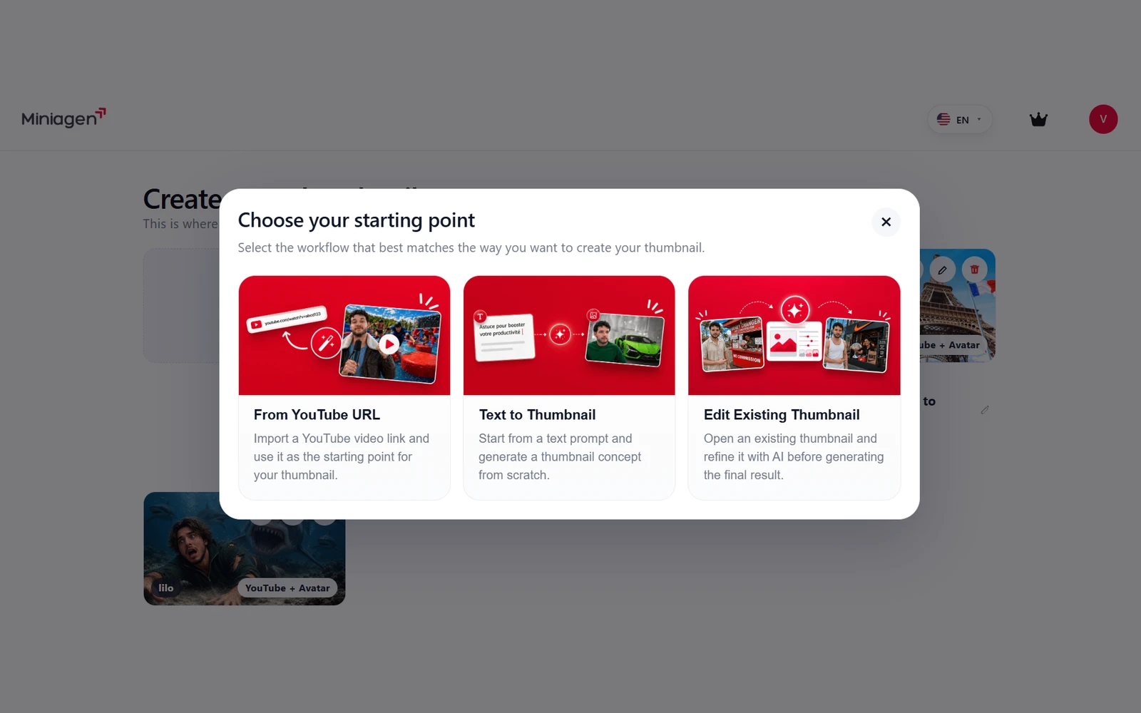 Generate a thumbnail from a YouTube link, a text prompt, or an existing image.