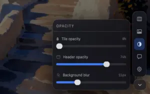 Zoku control menu showing tile opacity and interface settings during active workspace control.