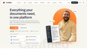 Confileo homepage showing its all-in-one document utility platform